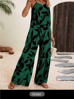 SHEIN Green Wide-Leg outfit with Black Leaf Motif